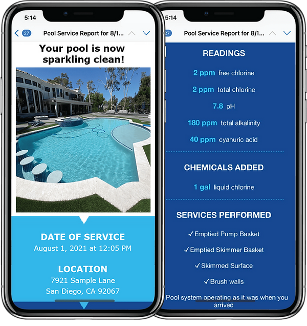 Sample Black Flag Pools weekly emailed water report on two phones